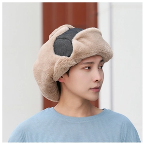 Detail of the high-quality khaki faux fur lining and windproof fabric on a winter trapper hat