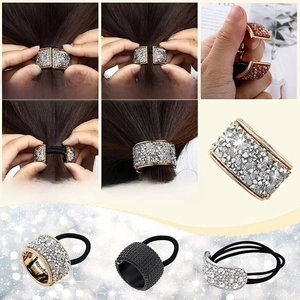 Detailed step-by-step tutorial for securing a ponytail with a gold rhinestone metal hair clip