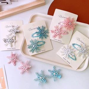 Snowflake Hair Clips Rhinestone Glitter Fabric Covered Metal Barrettes Princess Winter Theme Hair Accessories For Kids Girls