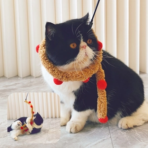 Interactive long caterpillar cat wand toy with brown plush rope and red pom poms