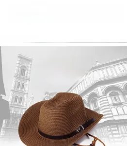 Close-up of dark brown straw beach hat featuring a leather band and silver metal buckle