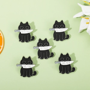 Set of 5 black cat enamel pins holding knives with various gender pronoun engravings