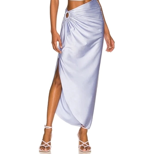 Elegant lavender satin maxi skirt with side ring buckle detail and high slit design
