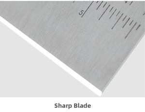 Close-up of a stainless steel dough scraper with precise scale marks and sharp blade
