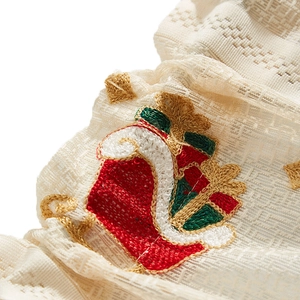 Christmas lace curtain featuring Santa embroidery on beige textured mesh fabric