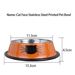 Orange stainless steel pet bowl with cat face print and non-slip rubber base