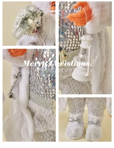 Detail shots of silver sequin Santa Claus decor showing gift bag and lantern ornaments