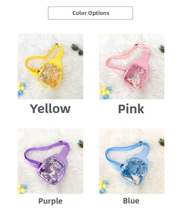 Detail view of colorful transparent sequins inside kids crossbody bags in four candy colors