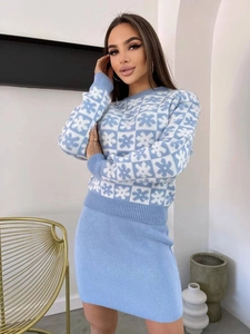 Women's blue and white Fair Isle knit sweater set with mini skirt and long sleeves