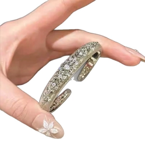 Silver vintage zircon floral hollow open bangle bracelet with detailed metal engraving