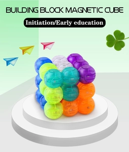 Macro shot of colorful transparent magnetic cubes for kids' early education and building