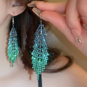 Elegant long fringe earrings with blue and green gradient rhinestones for women