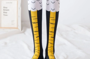 Detailed close-up of novelty chicken leg knit socks with vibrant bird feet graphic pattern