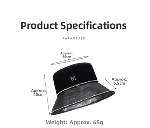 Detail view of black mesh sun hat showing 58cm circumference and metal M logo