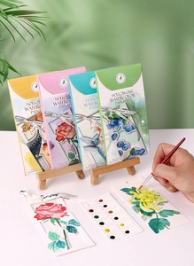 Detail of 12-color watercolor painting bookmarks with cutout design and brush