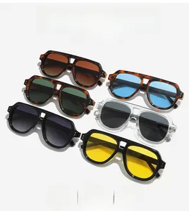 Detailed view of six pilot-style sunglasses in assorted frame colors and gradient lenses