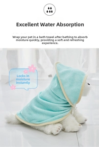 Detail view of ultra-absorbent microfiber pet bathrobe in mint green with hood