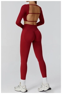 Rear view of seamless yoga set with hollow out back straps and scrunch butt leggings