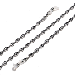Polished stainless steel pig nose link eyewear chain with clear silicone loop ends