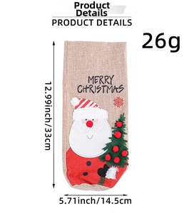 Detail view of linen Christmas wine bottle bag with Santa Claus and size specifications