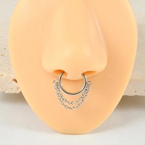 Silver stainless steel septum ring featuring a triple layered chain dangle on a model