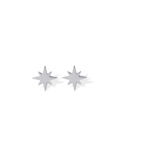 Macro shot of polished silver eight-pointed star stud earrings on white background