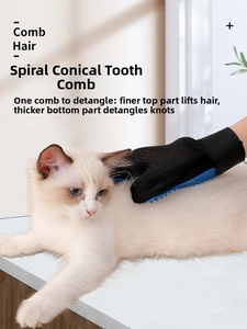 Grooming glove with spiral cone teeth massaging a white long-haired cat