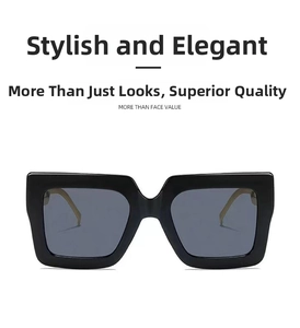 Detail view of large square black fashion sunglasses with gradient grey lenses