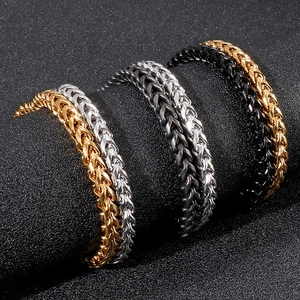 Three-color wheat chain bracelets in gold, silver, and black titanium steel for men