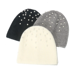 Women Ribbed Knit Beanie Hat With Faux Artificial Pearl Elegant Solid Color Warm Winter Cold Weather Cuff Cap For Ladies