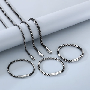 Collier Et Bracelet Acier Inoxydable Chaîne De Blé Hip Hop Bijoux Hommes Finition Métal Brossé