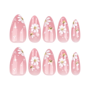 Almond shaped press-on nails featuring cute little bees and white daisy patterns