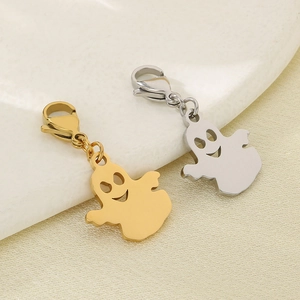 Detail of silver and gold ghost charms with lobster clasps for Halloween jewelry DIY