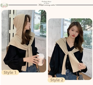Detailed knit texture of beige hooded scarf showing two versatile ways to wear it