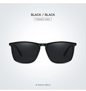 Front view of matte black polarized square sunglasses with dark black tinted lenses