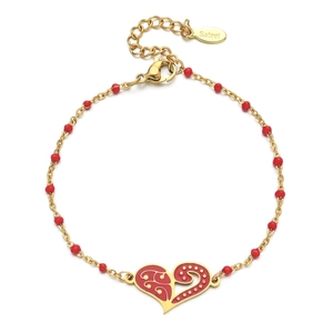 Detail of red enamel heart charm and gold stainless steel chain with S.steel tag