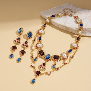 Vintage layered necklace and earrings set with faux pearls and teardrop gemstones