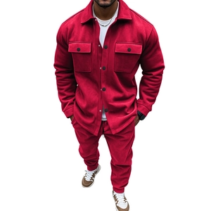 Front full view of a men's red suede-like two-piece casual jacket and trousers set