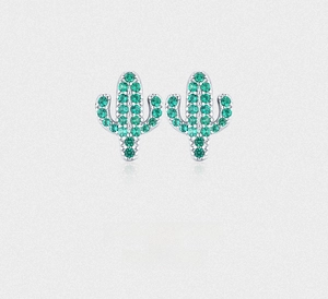 Detail view of s925 sterling silver cactus earrings with green micro-paved zircons