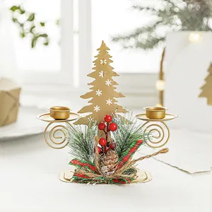 Golden Christmas tree double candle holder with pine needles and festive berry decor
