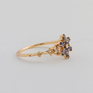 French vintage S925 silver 14K gold ring with tanzanite zircon flower design
