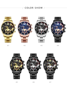 Matrix display of seven Geneva chronograph style men's quartz watches in various metal colors