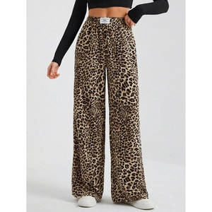Women's high waist leopard print wide leg pants with straight cut and loose fit