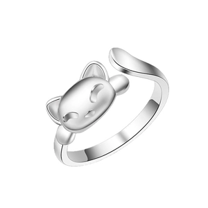 Minimalist silver cat ring with adjustable open band for women featuring cute smiling face