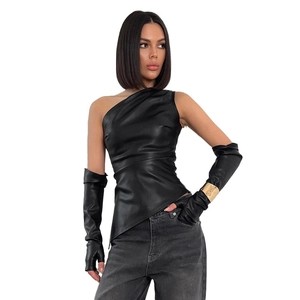 Women's black PU leather one-shoulder top set with matching sleeves and asymmetric cut