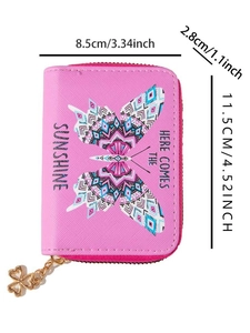Pink butterfly floral mini wallet with gold clover zipper and dimensions 11.5x8.5x2.8cm