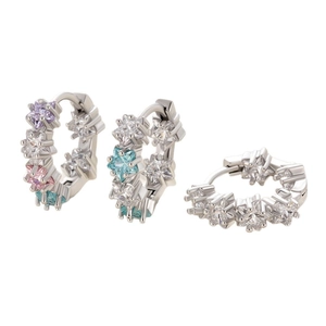 Star shaped silver earrings with colorful zircon stones in blue purple and pink