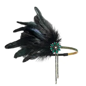 1920s Gatsby headpiece with black feathers, green crystal flower and silver tassels