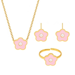 Sieradenset met roze bloemen ketting oorbellen en ring in goudkleurig staal