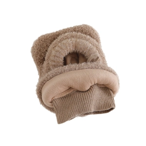 Winter plush hood for children with integrated neck warmer in light brown teddy fleece